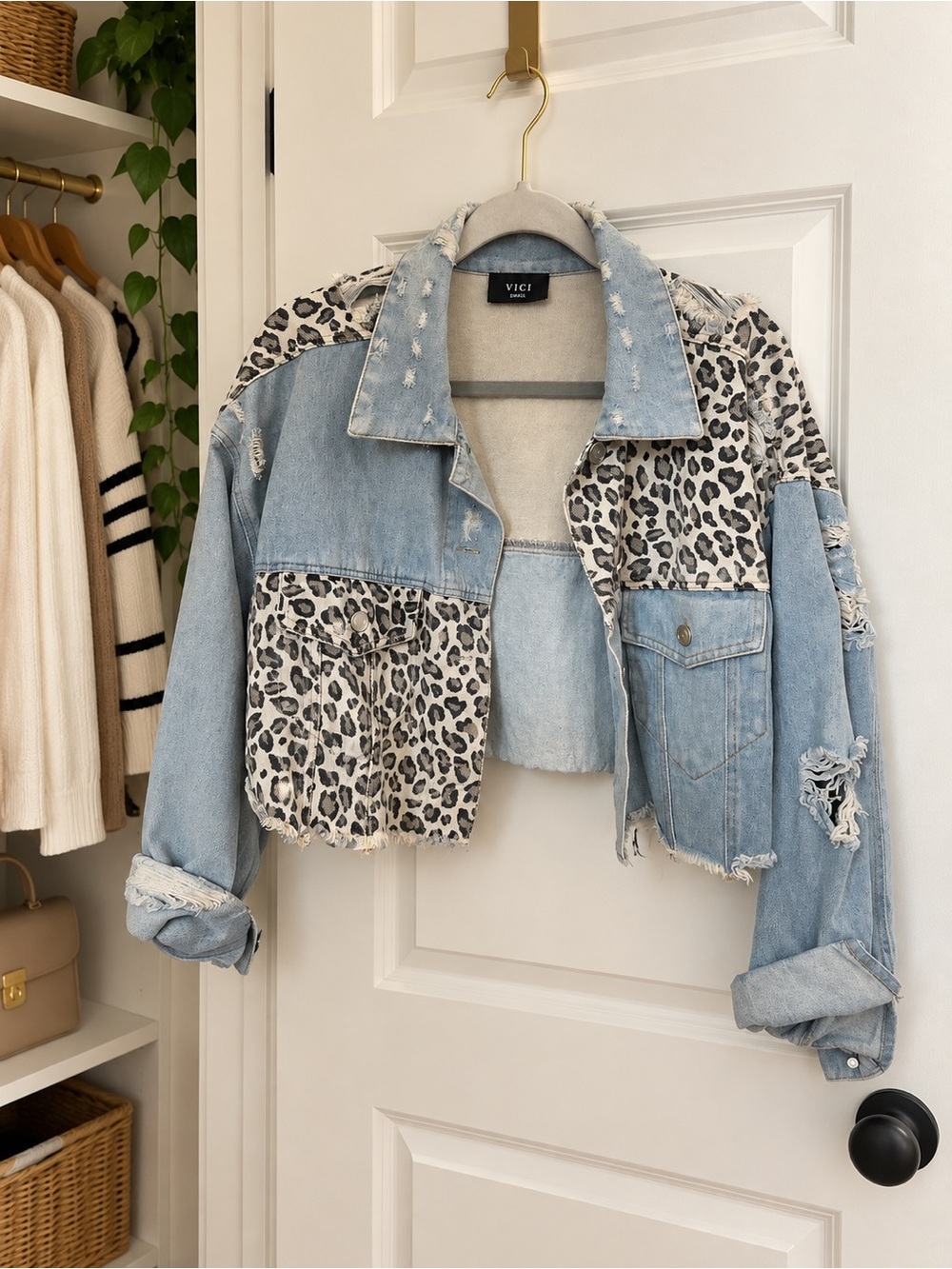 VICI Light Blue Denim Cropped Jacket with Leopard Panels